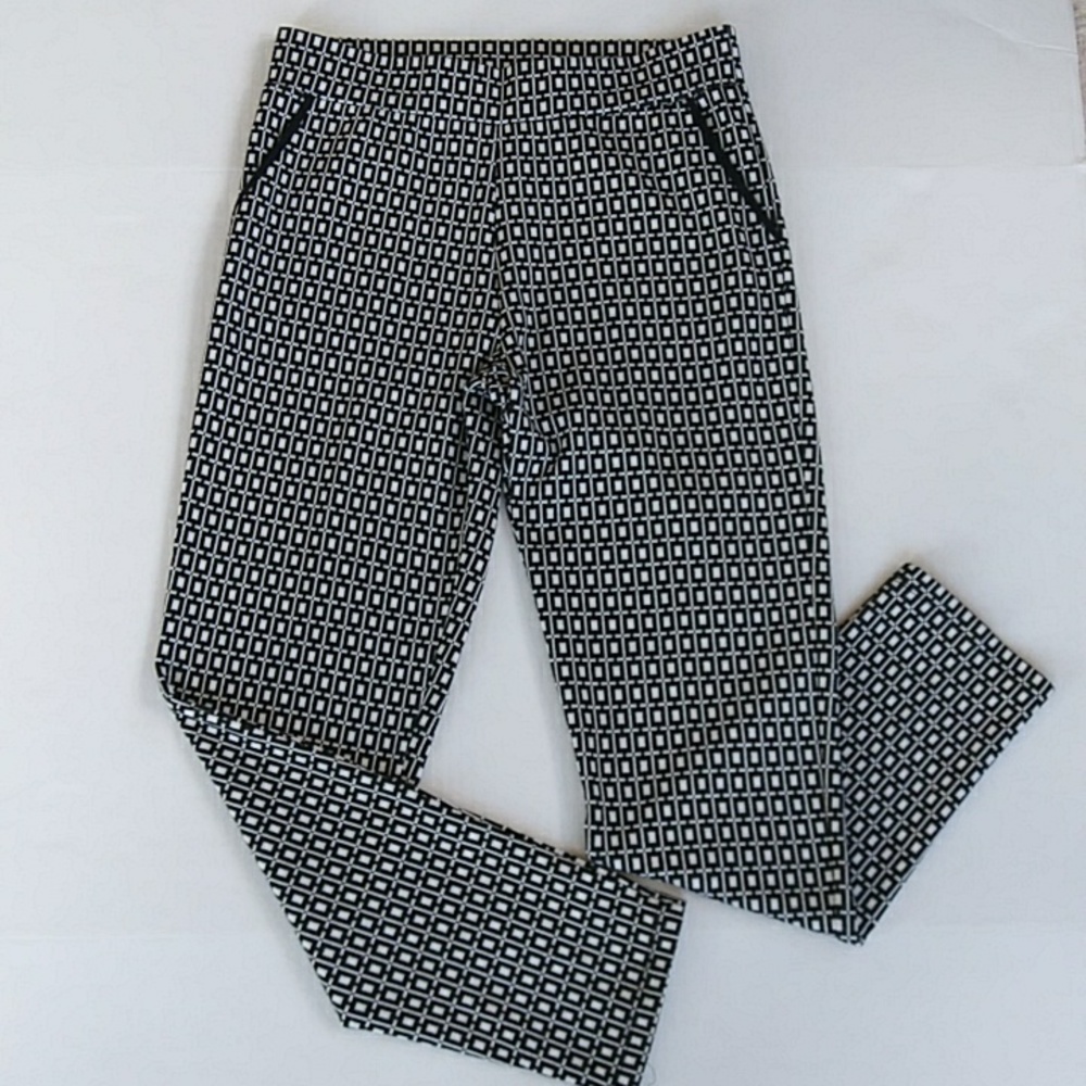 Melissa Paige Stretch Waist Viscose Blend Pants M Black White Pattern